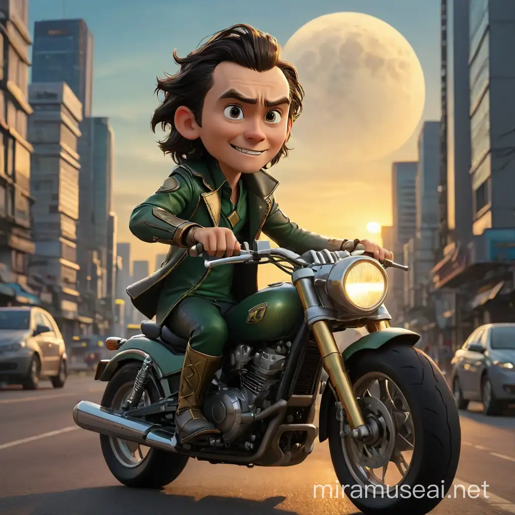 Give me a realistic caricature image of loki from marvel cinematic universe. In this picture he's riding a motorbike in jakarta road in the evening. He ride a bike with a lot of tall building around him and there is a sunset moon behind. There is a busway on the road and also cars. He is enjoy the view of jakarta. The image is from the side with the camera slightly upwards. the image is full 

