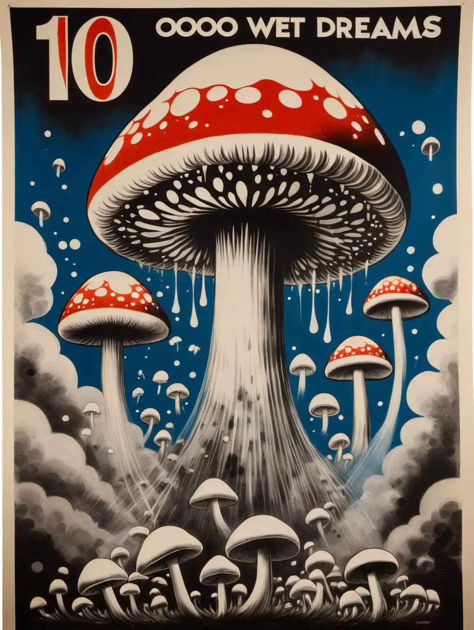 old hand painted protest poster, multiple mushroom cloud made from scientific lab experiments
, asymmetrical, 1960s look, with the text "10,000 TEENAGE WET DREAMS"