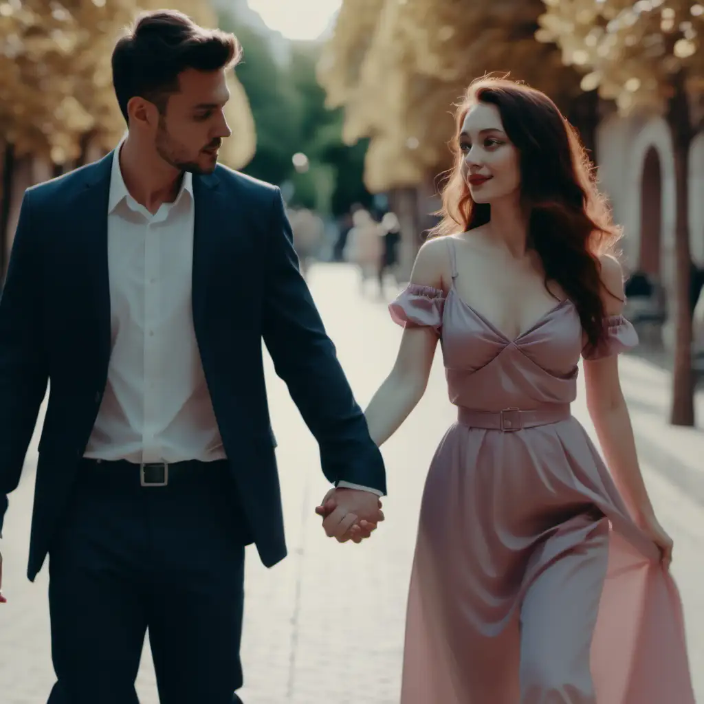 A romance you tube thumbnail with a beautiful woman and a man holding hands walking  4k- -ar 16:9 