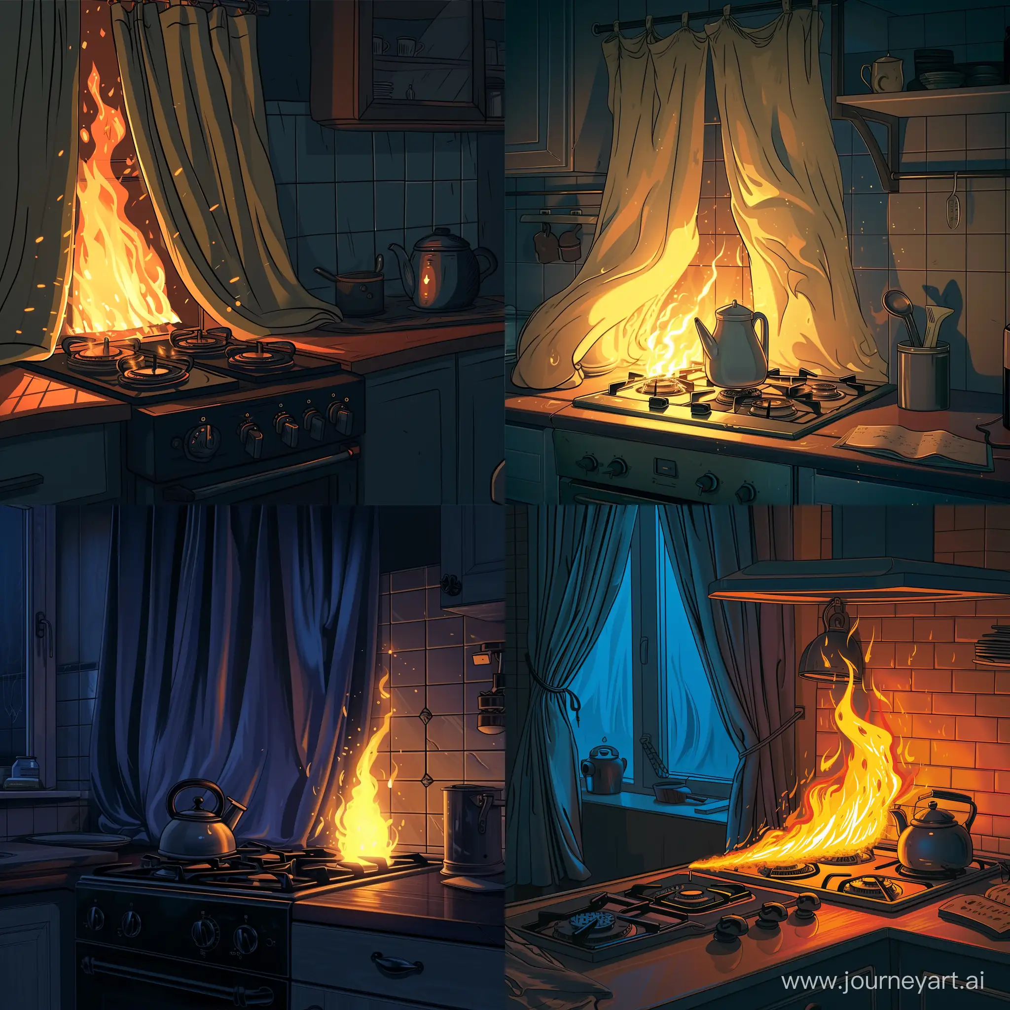 Generate a cartoon picture: the curtain lights up in the kitchen from the burner, where a fire is burning on the gas stove under the kettle and a fire is igniting