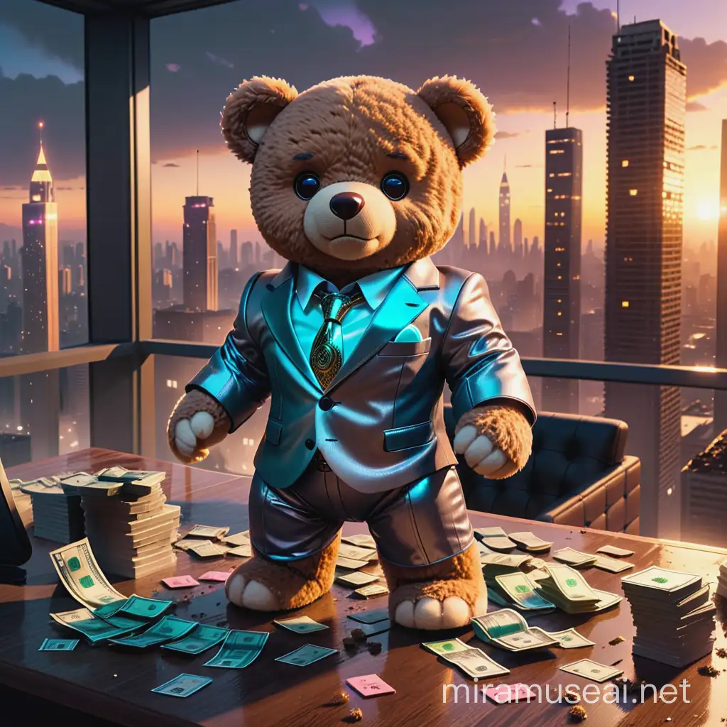 A cute but fierce cyborg teddy bear in a flashy gangster suit in a dystopian penthouse office with a destroyed city background at dusk, with most of the surrounding walls destroyed standing on top of a giant wooden desk with piles of money and tech all around him