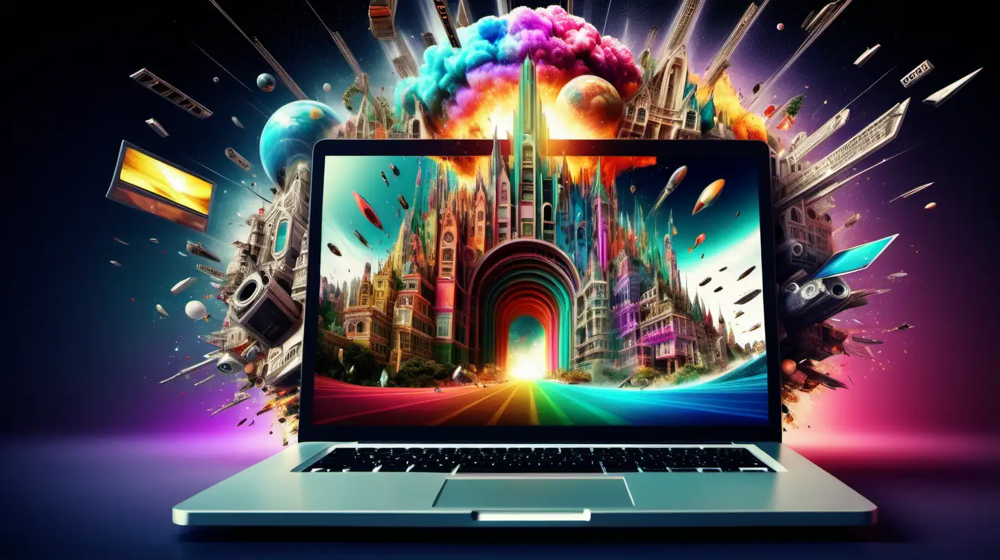 colourful digital media overload, fantasy architecture, utopian environments and movie communications exploding out of a laptop