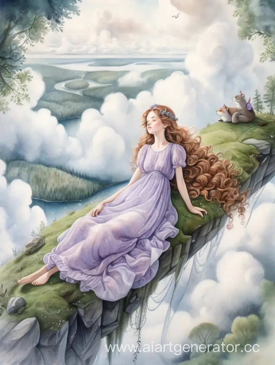 Serene-Slavic-Girl-Resting-on-a-Fluffy-Cloud-in-Lavender-Dress-Amidst-Nature