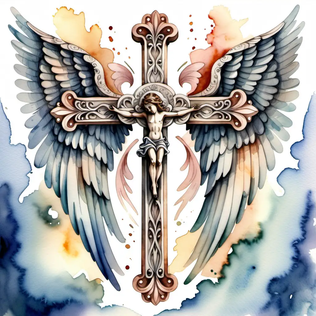 Elegantly Carved Cross with Angel Wings Graceful Watercolor Art