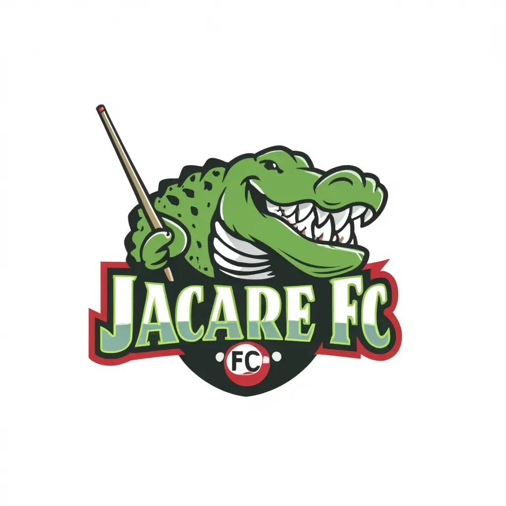 a logo design,with the text 'Jacare FC', main symbol: GREEN Alligator and a snooker/pool cue,Moderate,be used in Sports Fitness industry,clear background
