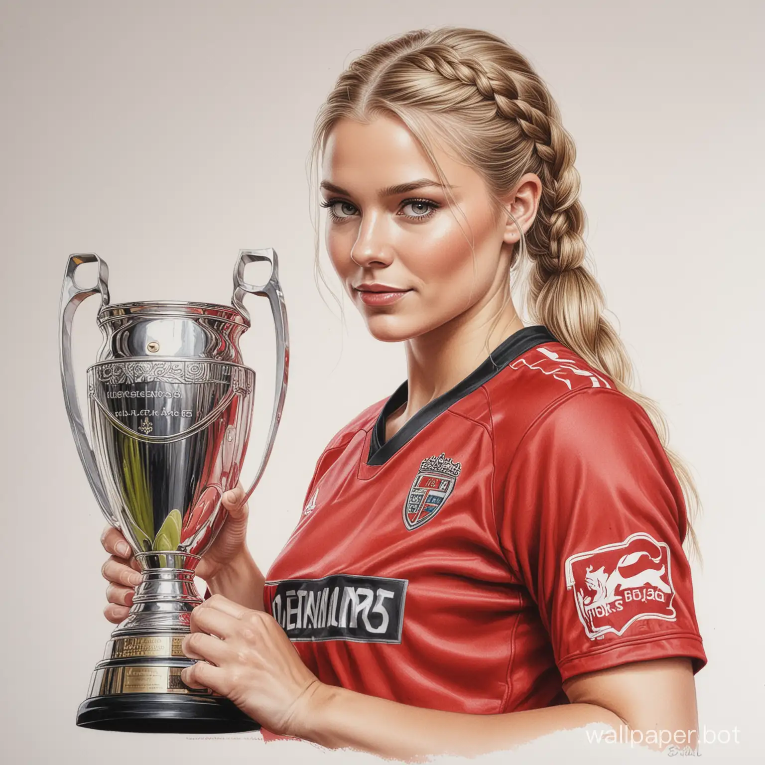 sketch young Marta Ilonen 26 years old light hair with a braid 4 breast size narrow waist in red and black football uniform holds a big Champions Cup white background high realism drawing with colored markers