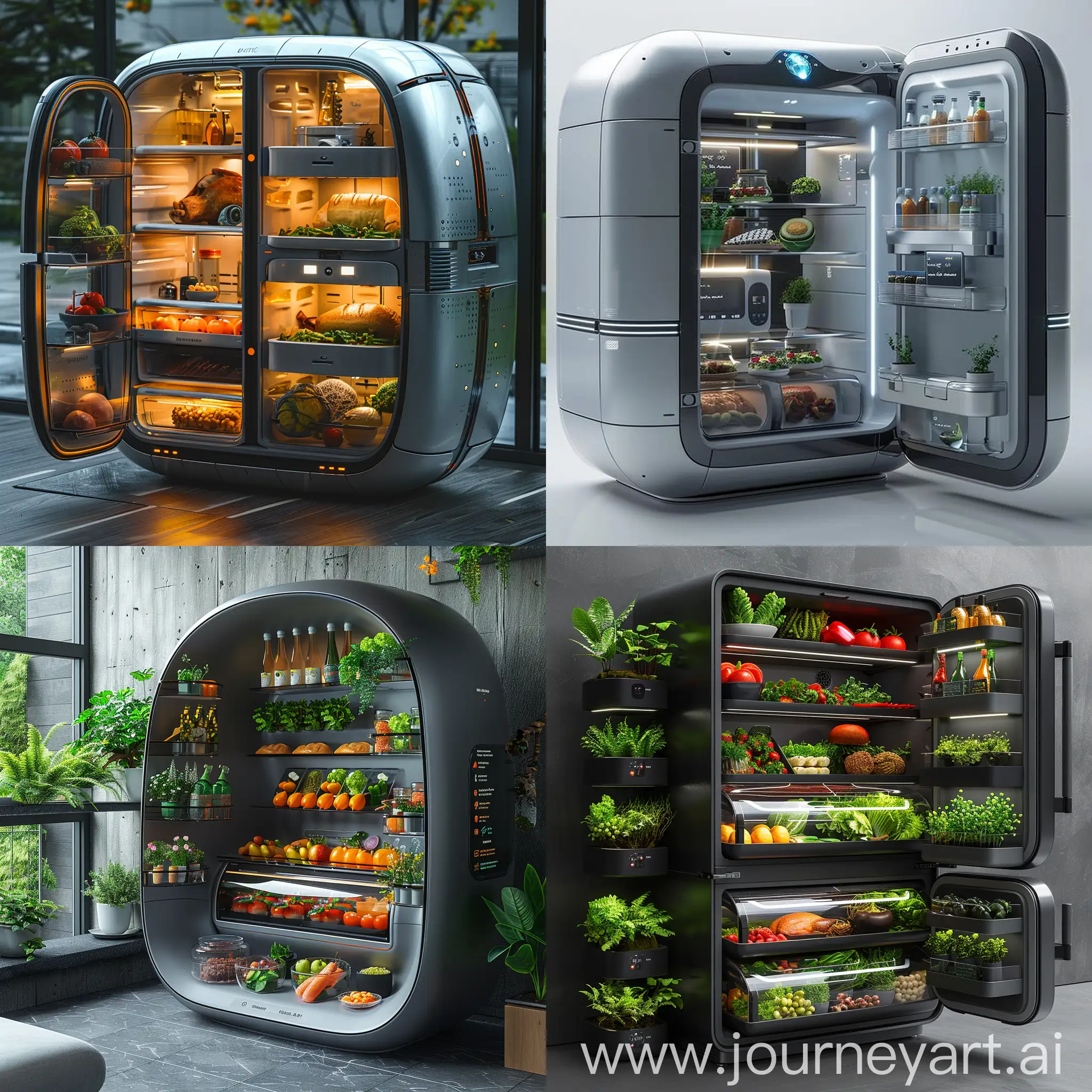 Futuristic fridge, Smart AI Integration, Interactive Touchscreen Display, Voice Control, Self-Inventory Management, Built-in Cameras, Temperature Zones, Automatic Food Recognition, Self-Cleaning Function, Energy-Efficient Design, Modular Design, Energy Star Certified, Solar Power Compatibility, Solar Power Compatibility, Recyclable Materials, Low Emission Refrigerants, Hydrocarbon Cooling, Water Filtration System, Compost Bin, Minimal Packaging, Minimal Packaging, Self-Healing Surfaces, Nano-Enhanced Insulation, Antibacterial Coating, Nano-Sensors, Nano-Filtration System, Nano-Enhanced Food Preservation, Nano-Photovoltaic Cells, Nano-Enabled Smart Labels, Nanostructured Surfaces, Nanotechnology-Based Cooling System, octane render --stylize 1000