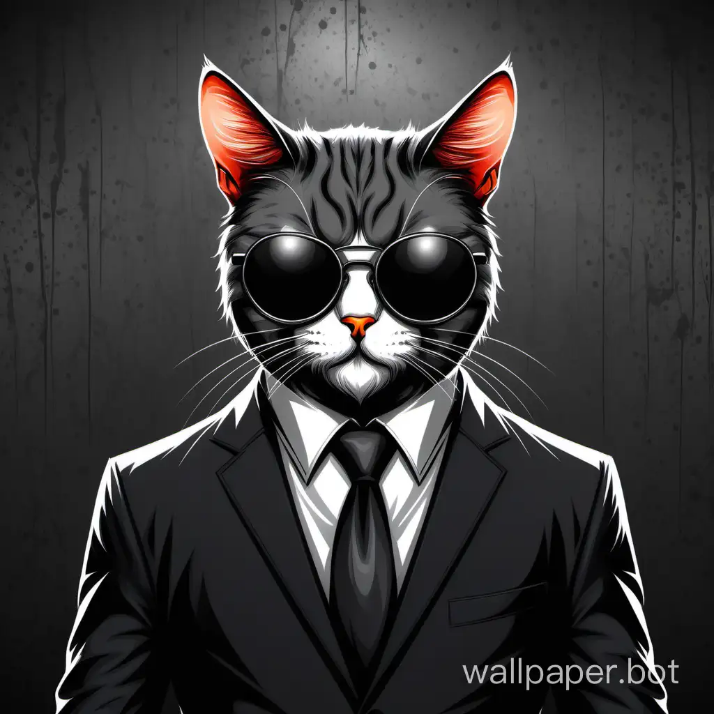 кошка, строгий костюм, чёрные очки, фон металл, вектор, портрет,