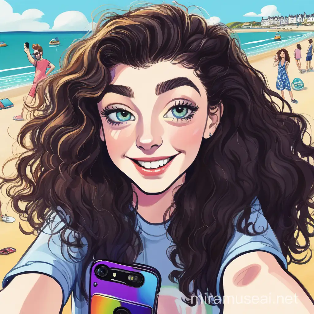 very colorful, cartoon style, Lorde taking a selfie, at the beach, in England, she is smiling