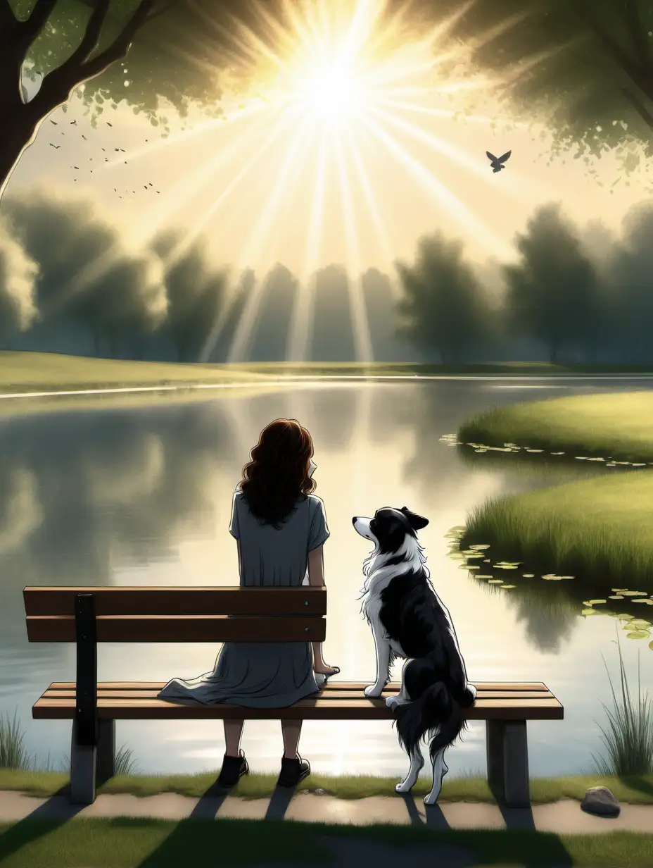 Illustration: A black and white border collie sitting on a bench next to a pond, with an lady with long dark curly hair. She has her arm around the dog . They are looking at the rays of heaven coming down from the sky. There is a beagle sitting on the ground next to the bench. no keywords