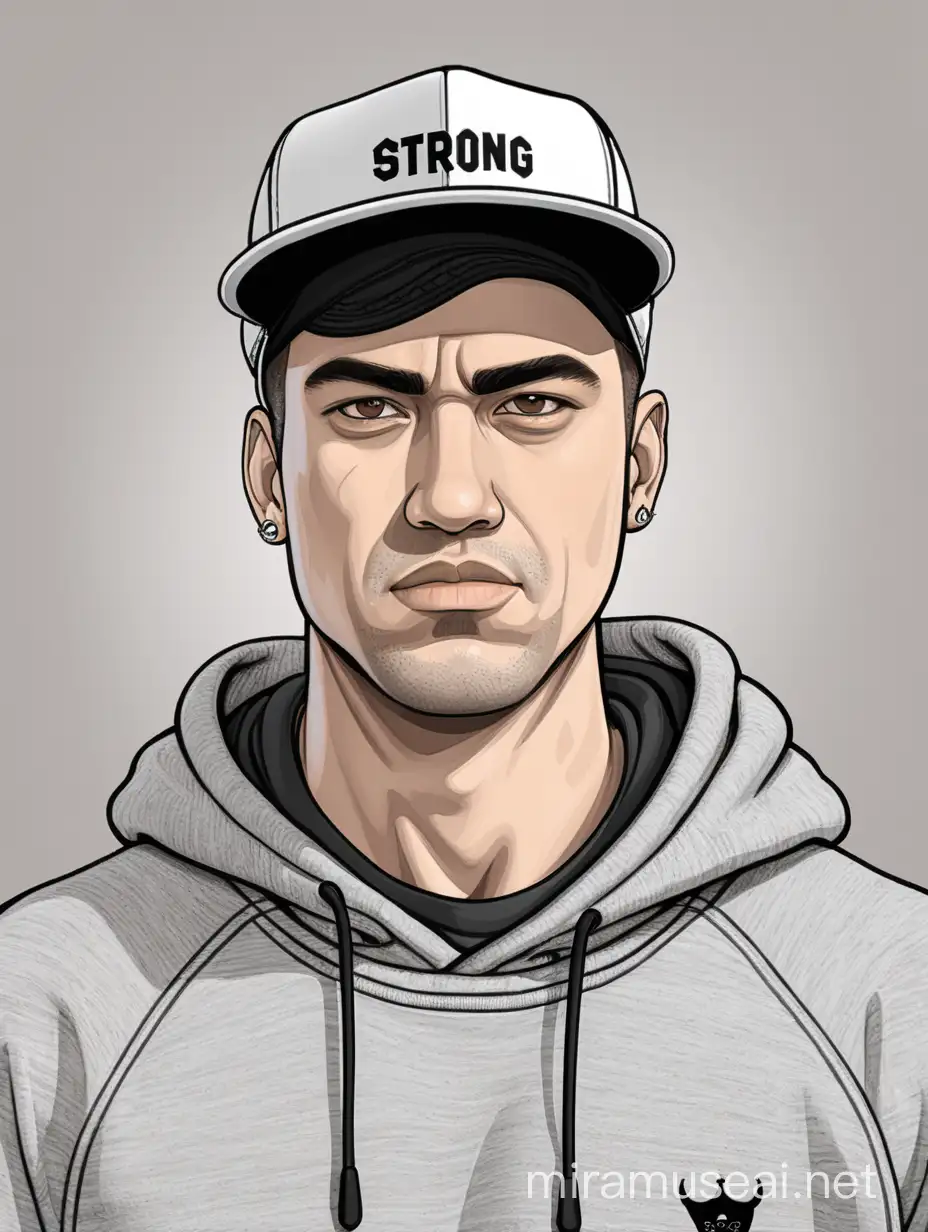 strong man with sweatshirt and straight brim hat