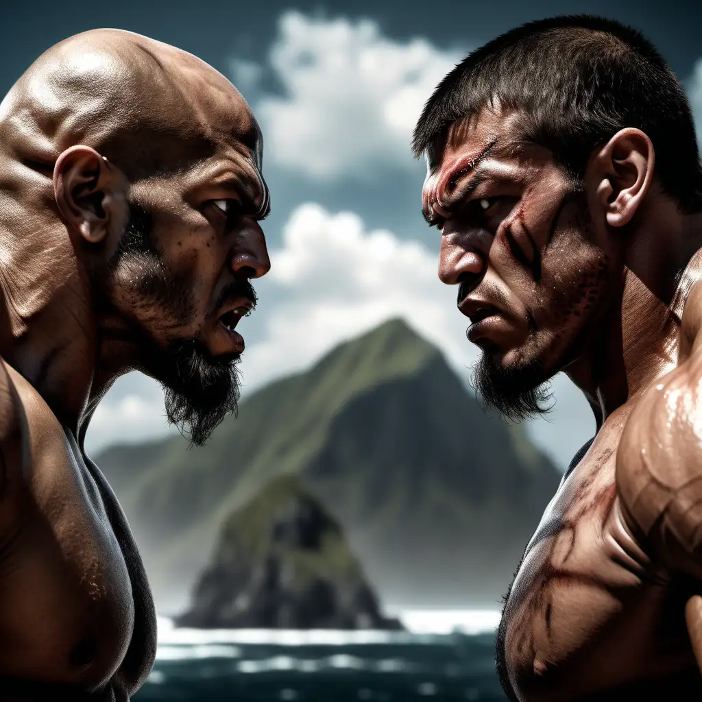 Generate an awe-inspiring hyper-realistic closeup render depicting two immensely muscular MMA fighters engaged in a legendary staredown on a remote island. Showcase the intensity of the moment with a focus on their fierce expressions, sweat glistening on their skin, and the veins pulsating with anticipation. Bring out the intricate details of their facial features, capturing the determination and intensity in their eyes. The fighters should be framed in a powerful and dynamic composition, emphasizing the rugged beauty of the remote island setting. Pay meticulous attention to lighting, shadows, and textures to create a scene that immerses viewers in the raw emotion and power of this legendary staredown between two formidable competitors.
