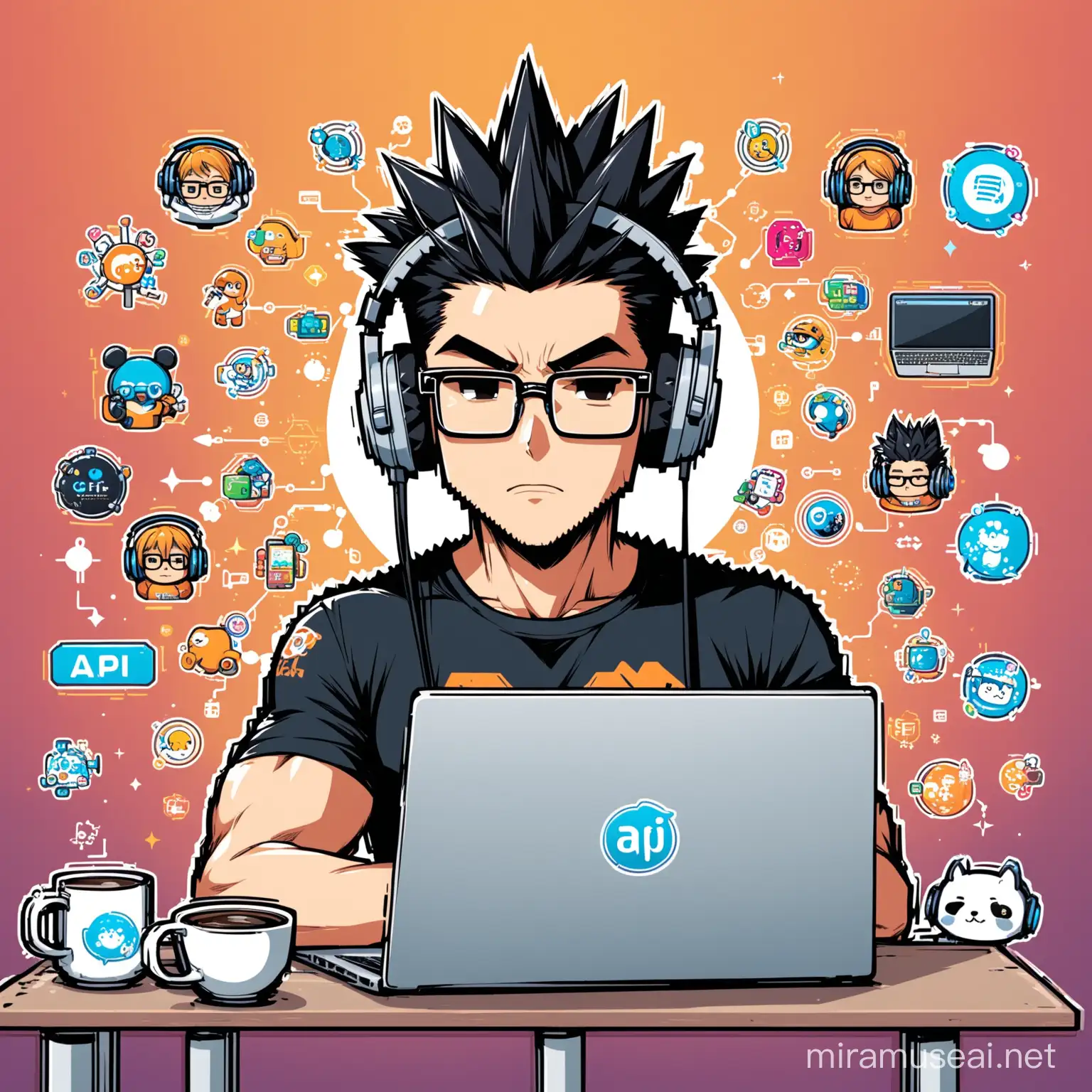 Create an image of a stylized, muscular anime character with spiky black hair, wearing headphones and a t-shirt with 'API addicts' printed on it. The character has glasses and a focused, contemplative expression, gazing at the screen of a laptop covered in various technology-related stickers. Beside the laptop is a mug with a caffeine molecule printed on it, suggesting the character is a developer or programmer deeply immersed in their work. The setting is minimal, emphasizing the character and their tech gear. Character look in laptop. There are stickers on laptop: JAVA, MULESOFT, GIT HUB, 
