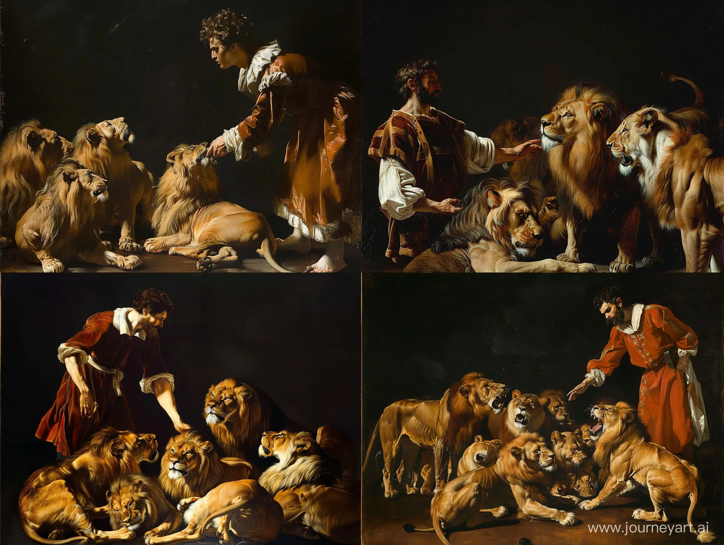 baroque art painting, man taming the lions, black background