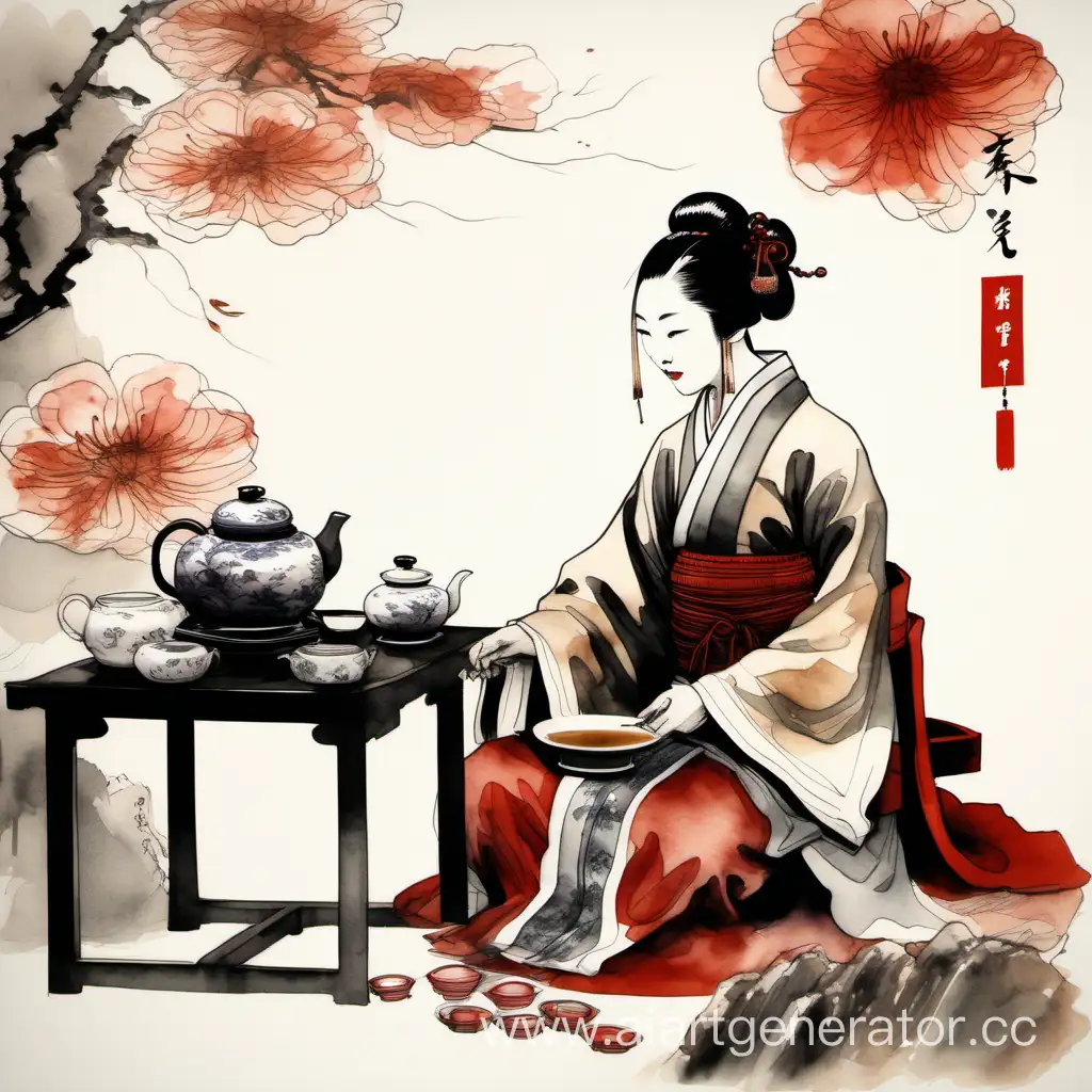 нарядная китаянка на чайной церемонии, нарисованная в китайской графике тушью и акварелью, в черно-белых цветах с элементами красного и коричнеового цвета.  на фоне цветы