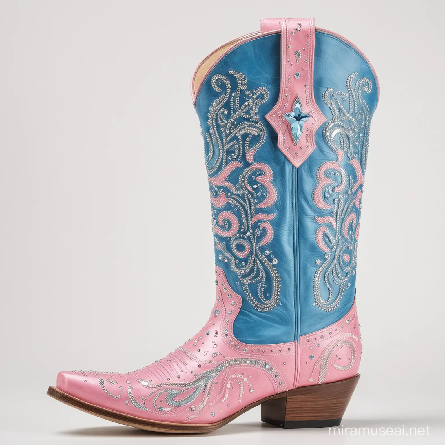 a blue and pink cowboy boot with diamonds, on a white background