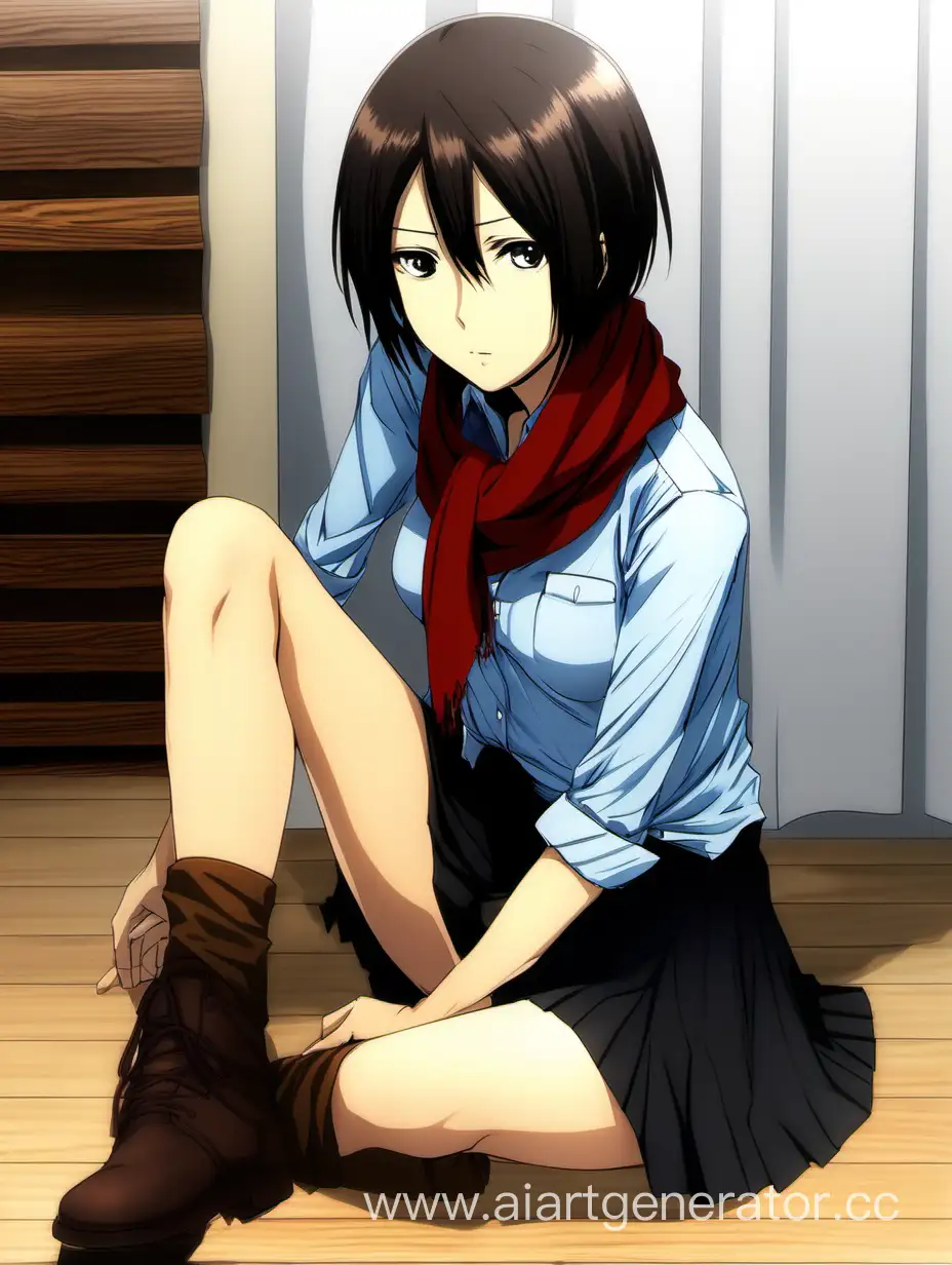 Mikasa-Sitting-on-Wooden-Floor-in-Casual-Attire-with-Red-Scarf