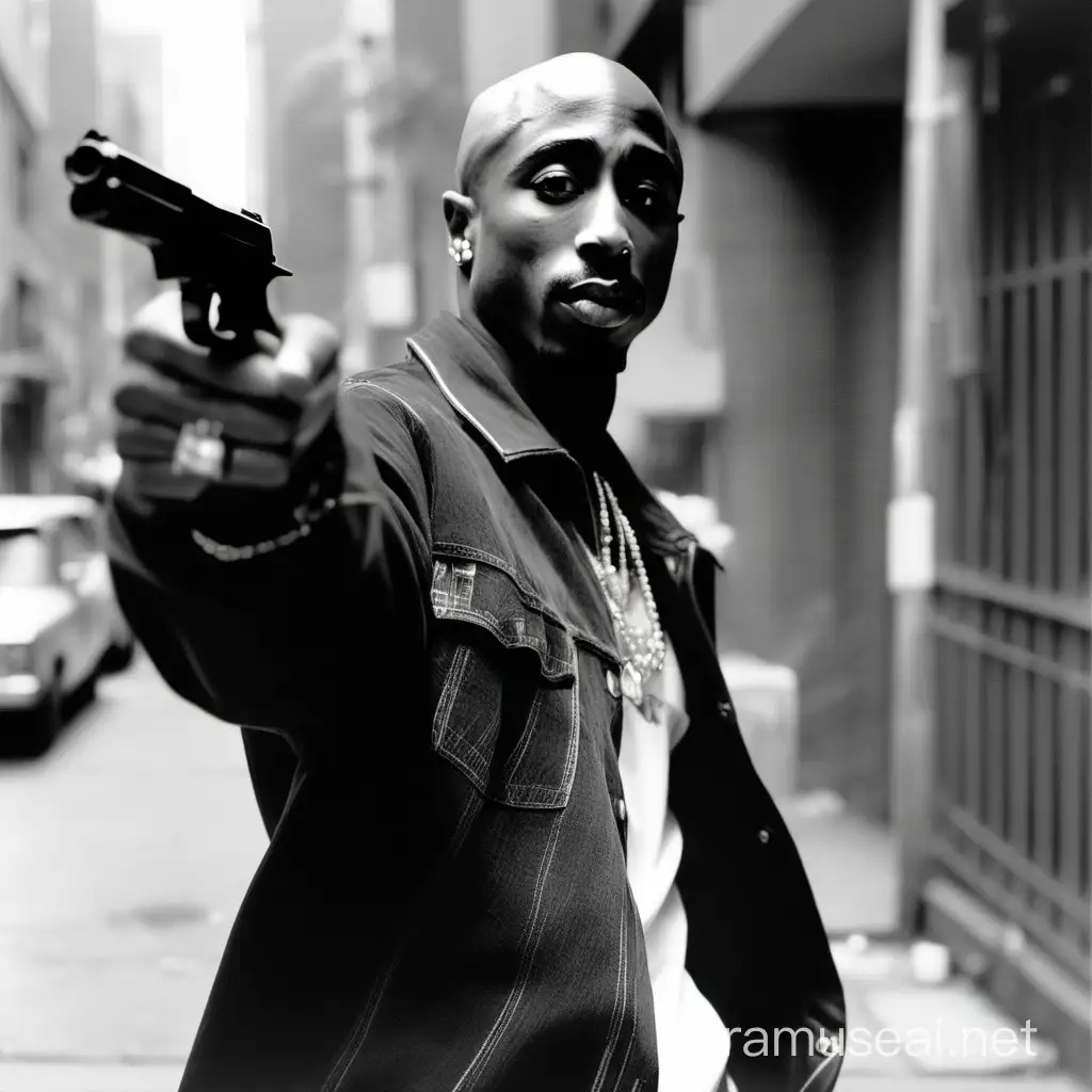 2Pac in Iconic Streetwear Holding a Gun