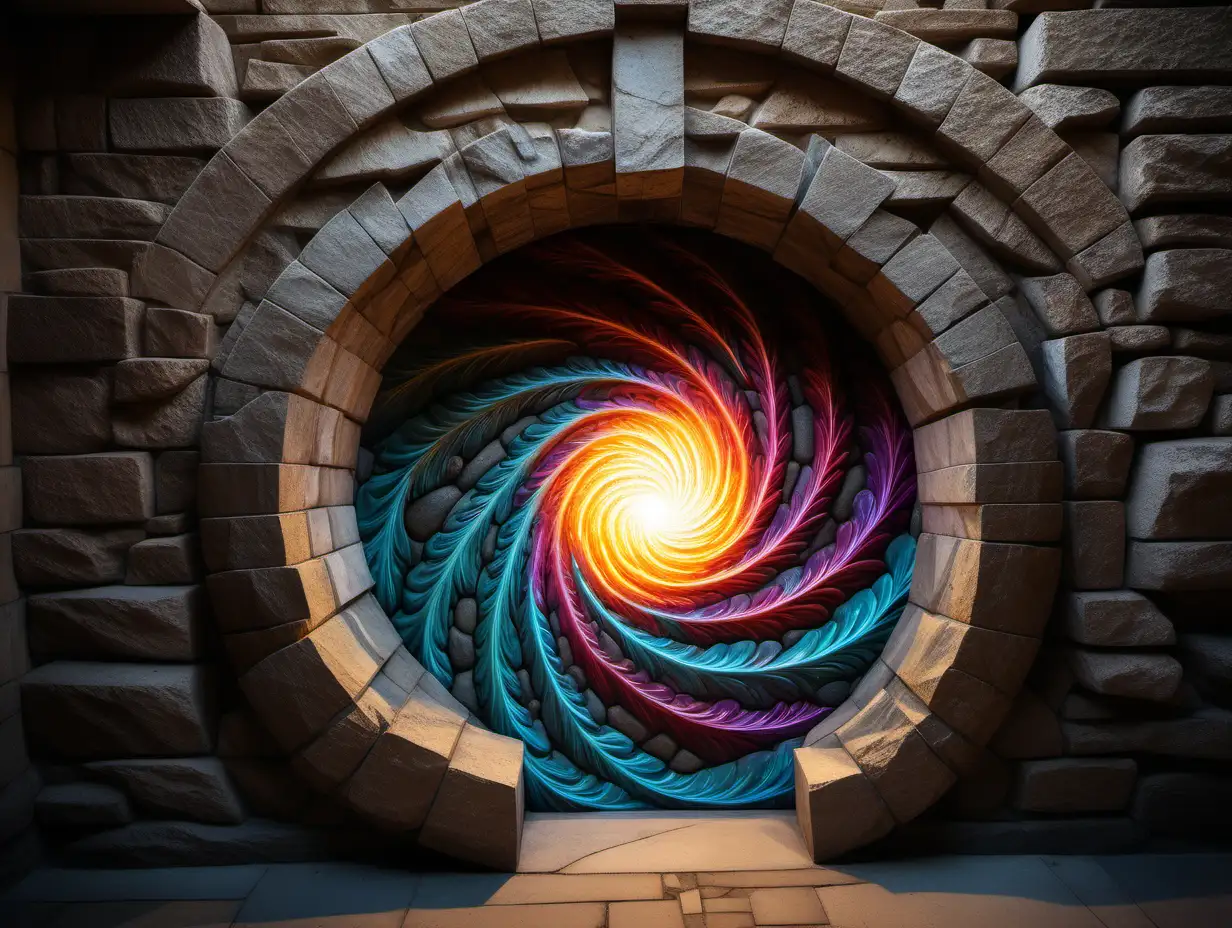 A round draconic portal made of swirling light in shifting colors, inside a doorway carved into a stone wall