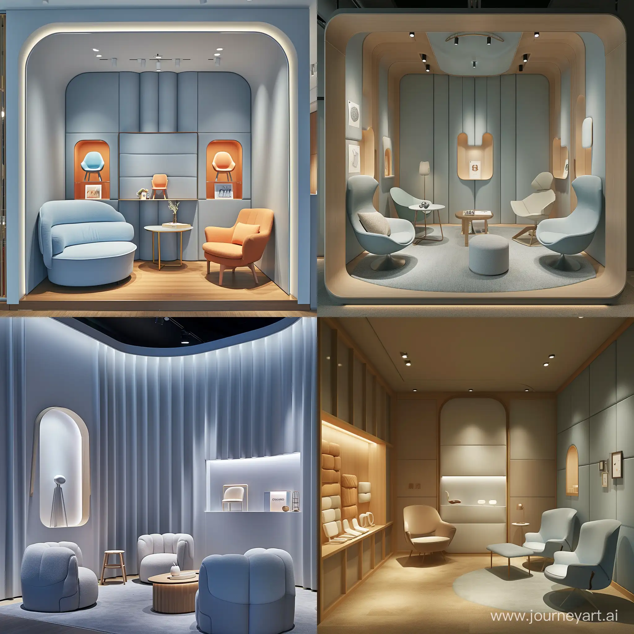 imagine an image of Private Viewing Room (Approx. 6.75 sqm) of kids chair showroom: Color and Material: Calming colors like soft blues or greys; luxurious, sustainable materials for furniture; sound-absorbing wall panels. Items and Elements: Comfortable seating; a display area for private viewing of chairs; perhaps a small table for discussions. Graphic Features: Subtle branding; possibly a display or artwork that reflects the brand's ethos. Lighting: Adjustable lighting, ranging from soft ambient to bright focus lighting for chair examination.realistic style