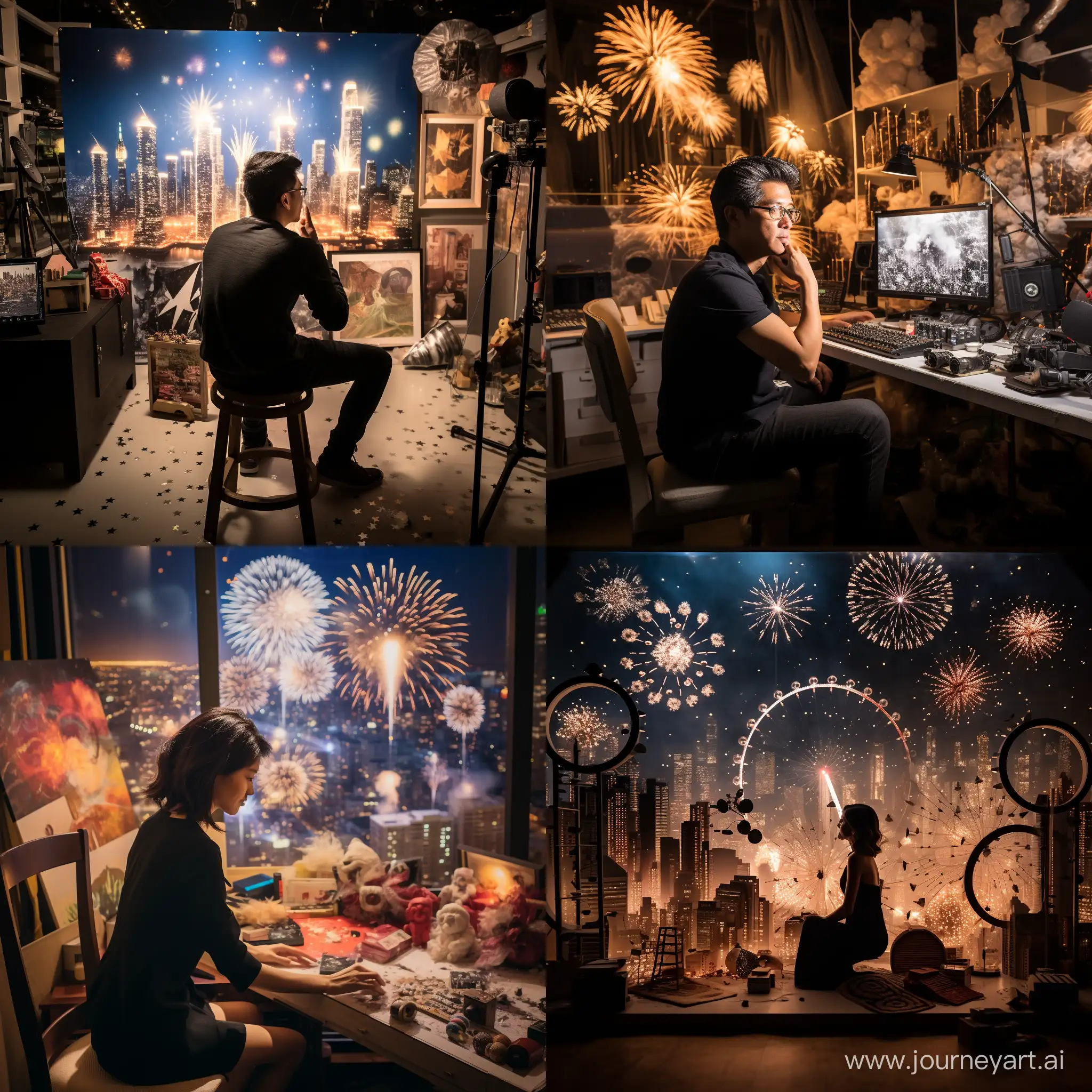Photographer in small photography studio, New Year's Eve, shooting huge jewelry fireworks, extra large light sign Happy New Year 2024, night view of Hong Kong, jewelry photography, complex studio lighting, light and shadow effects