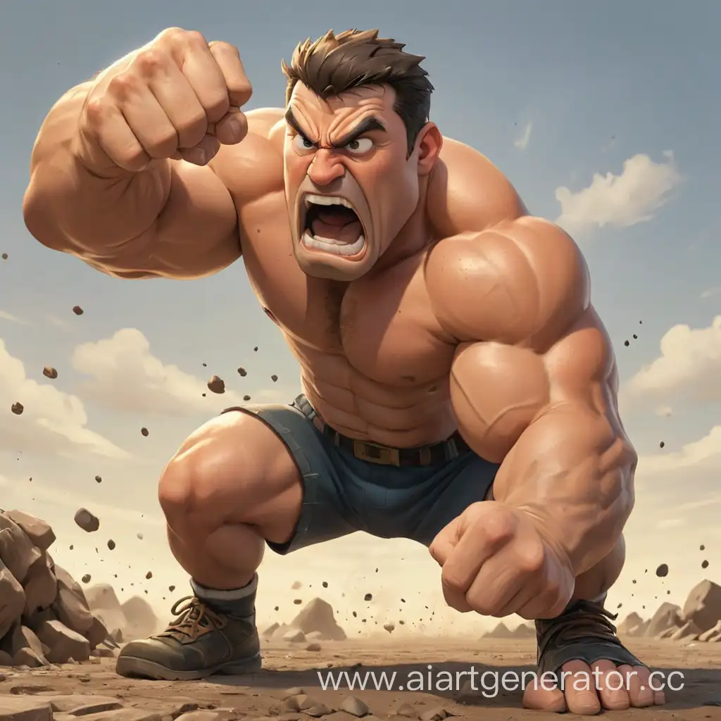 Cartoonish-Strong-Man-Punching-Ground-with-Power-and-Determination