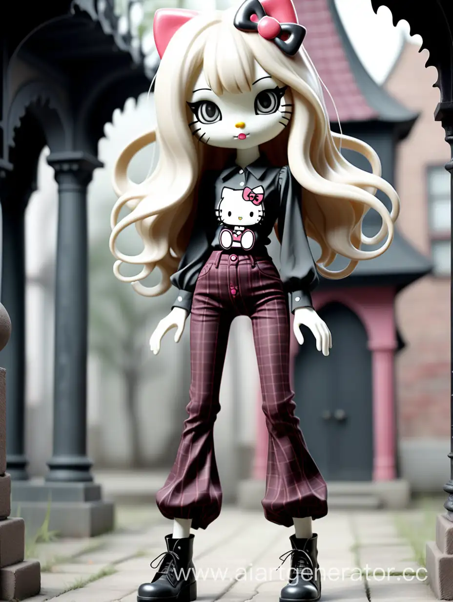 thin humanoid Hello Kitty with long legs, fair hair and eyelashes, posing in gothic vintage pants and shirt