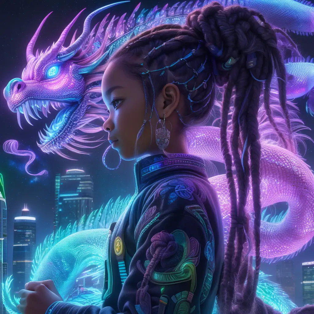 In the neon canyons of New Shanghai, where chrome skyscrapers pierce the clouds and data glitters like dragon scales, a unique art form thrives. Meet the Pixel weavers, women who spin tapestries of light and code, not from thread or paint, but from the very strands of their own hair.  Aisha, her dreadlocks woven with strands of bioluminescent algae, manipulates pixels with a flick of her wrist, shaping swirling nebulas across the holographic canvas. Close-up photograph details accentuated with a macro lens, revealing the texture and color nuances --ar 16:9 --style raw --v 6.0 