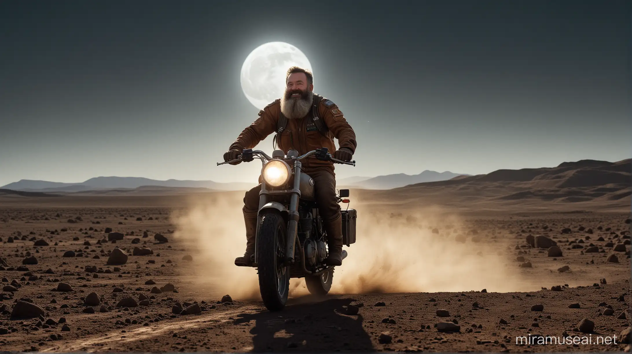 magine a scene straight out of a lunar odyssey, featuring a middle-aged man with a full beard, exuding sheer joy while speeding across the Moon's surface on a motorcycle. This unique portrayal lacks any protective gear, highlighting the man's untamed spirit. The perspective is intentionally low, close to the lunar soil, emphasizing the sense of speed and freedom. The motorcycle, a beacon of human audacity, cuts through the silent, empty expanse under a celestial glow, casting long shadows and creating a deep, immersive field that invites the viewer into this boundless adventure.