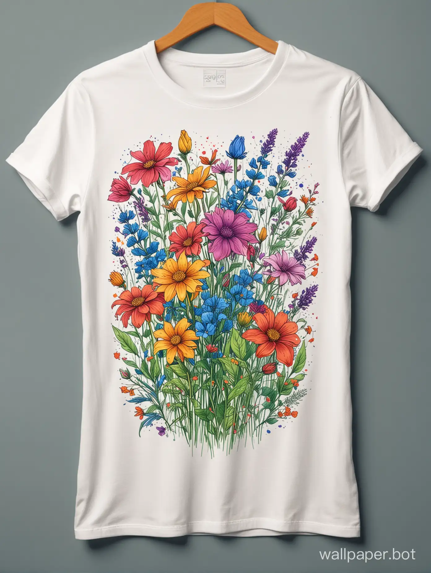 t shirt female mockup template, shirt, botanical art style, colorful abstract wildflowers, lineart illustration on shirt, duocolor lineart, explosive colors