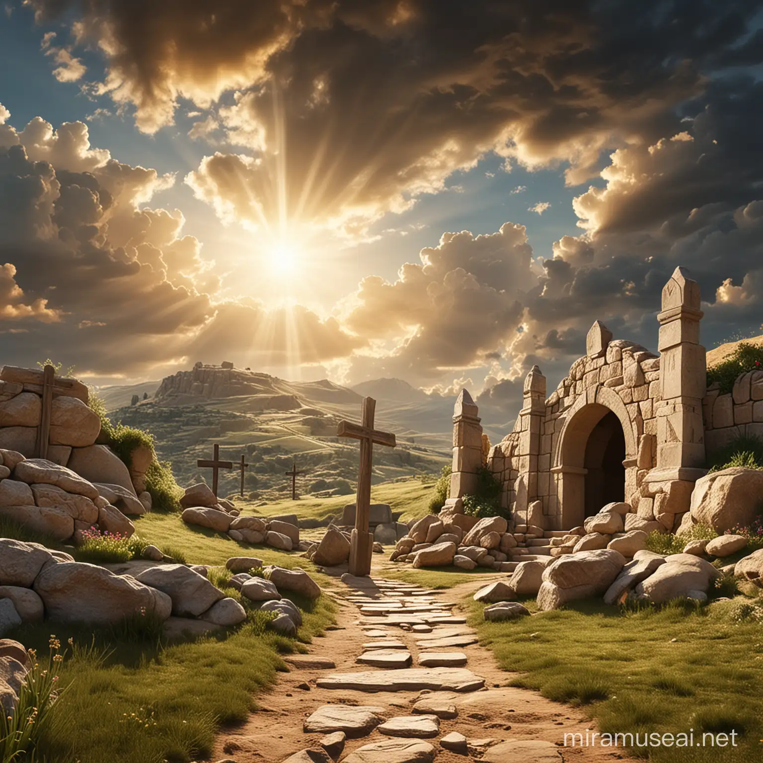 Envision a captivating 3D scene that presents a stunningly detailed backdrop of Calvary and the open tomb, complete with the stone rolled away, symbolizing the glory of the risen Lord on Easter, Jesus Christ. The drama of the scene is enhanced by the sky overhead, adorned with majestic clouds and beams of sunlight, all adding to a serene and heavenly ambiance.
