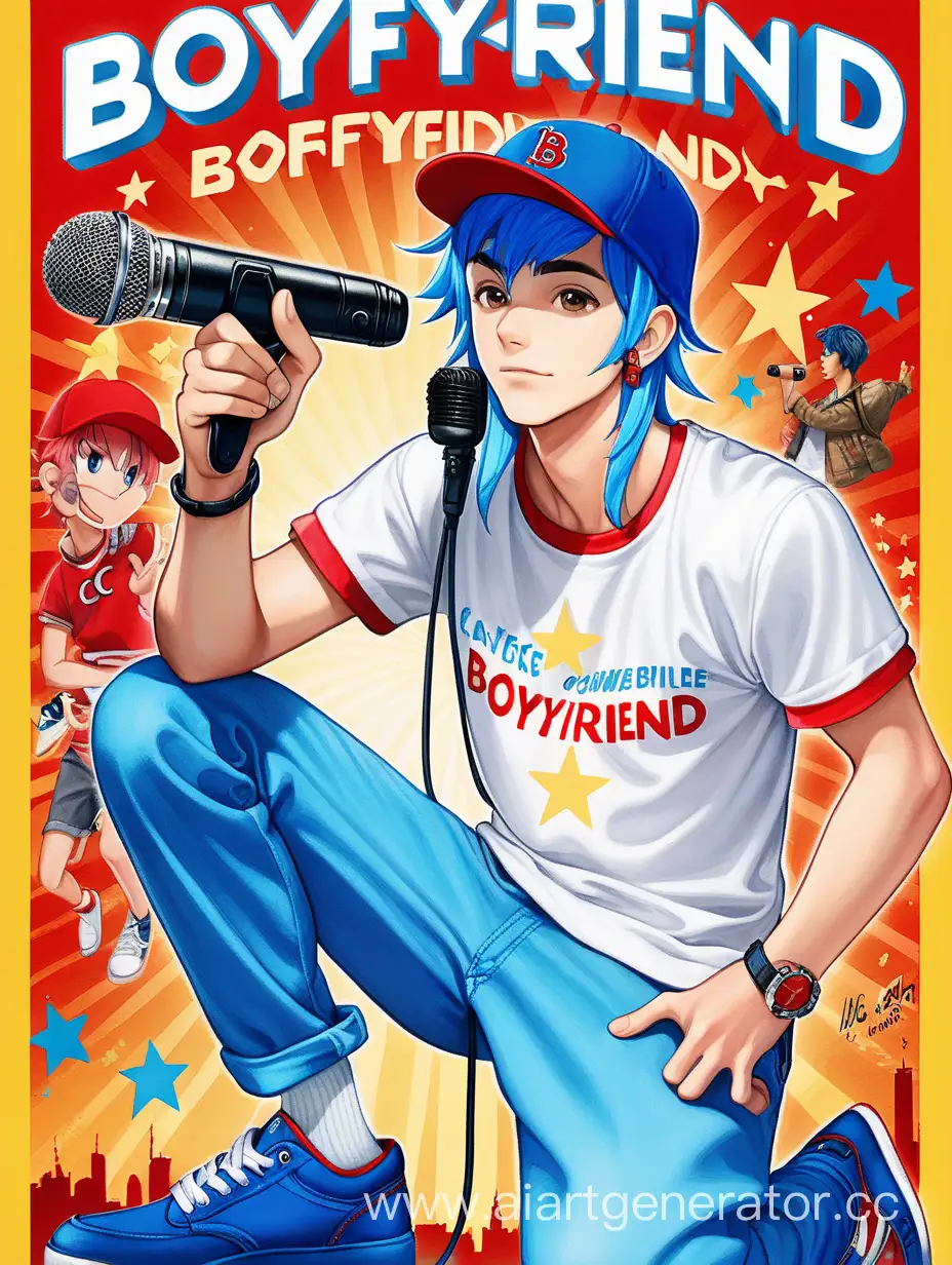  a man with bright blue hair, a red cap, a white t-shirt, blue trousers, red shoes and a microphone. a movie poster with the title: boyfriend