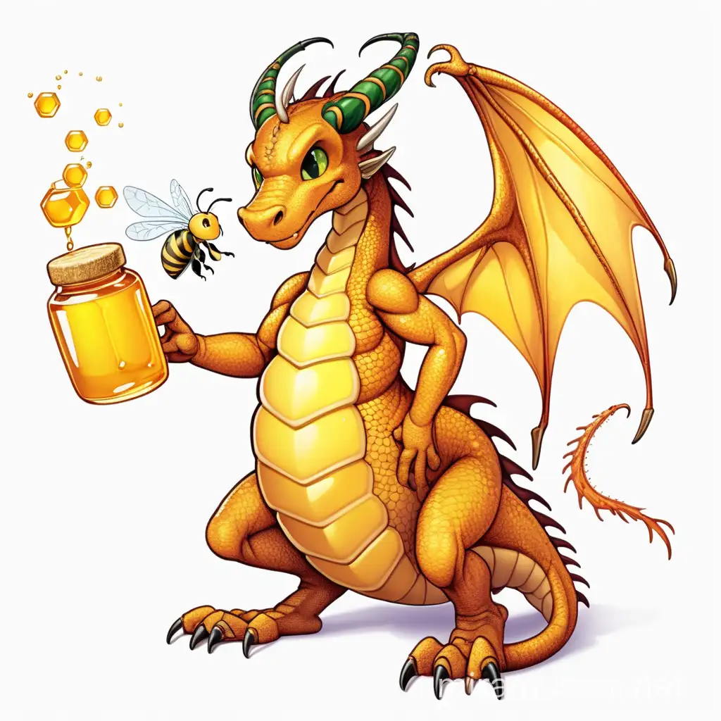 Comic, dragon with bee wings and honey, white background