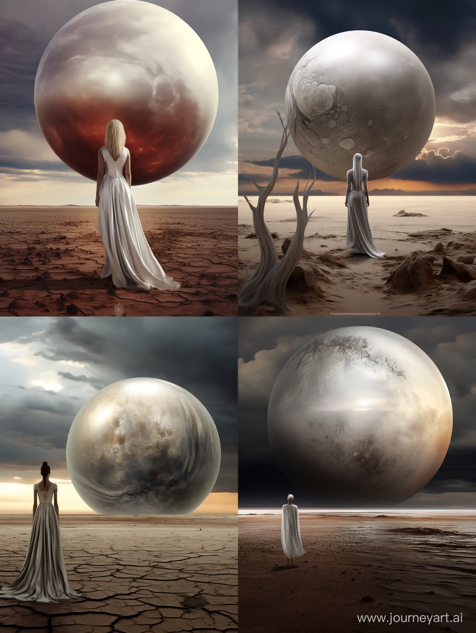 Mystical-Silver-Sphere-Amidst-Stony-Desert-Enigmatic-Girl-in-White-Dress