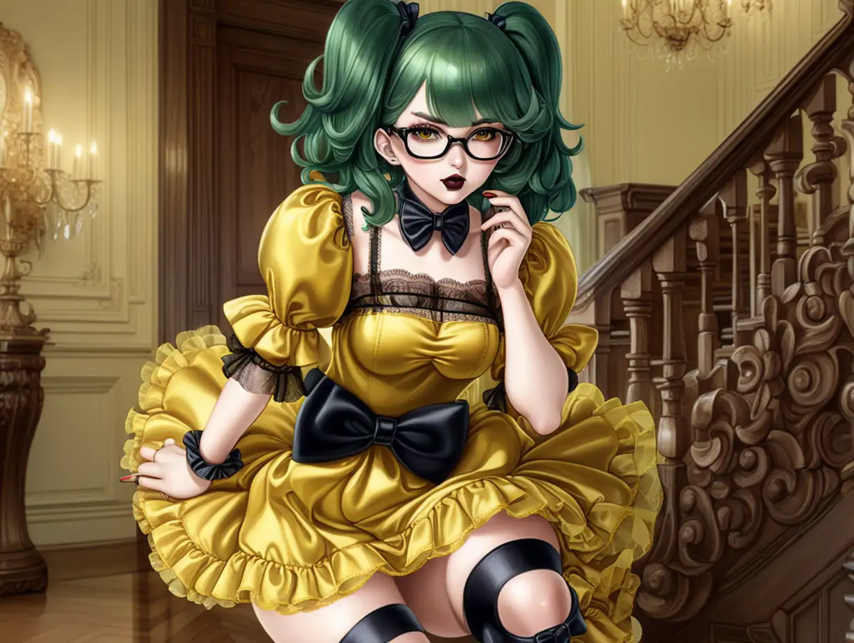 Anime woman with dark green hair and large lips with dark lipstick and dark heavy makeup. Wearing glasses.  wearing very large diaper under a short and shiny and frilly yellow silk dress with lots of bows and lace. Wearing yellow Mary Jane high heels. Very shiny. In a mansion.