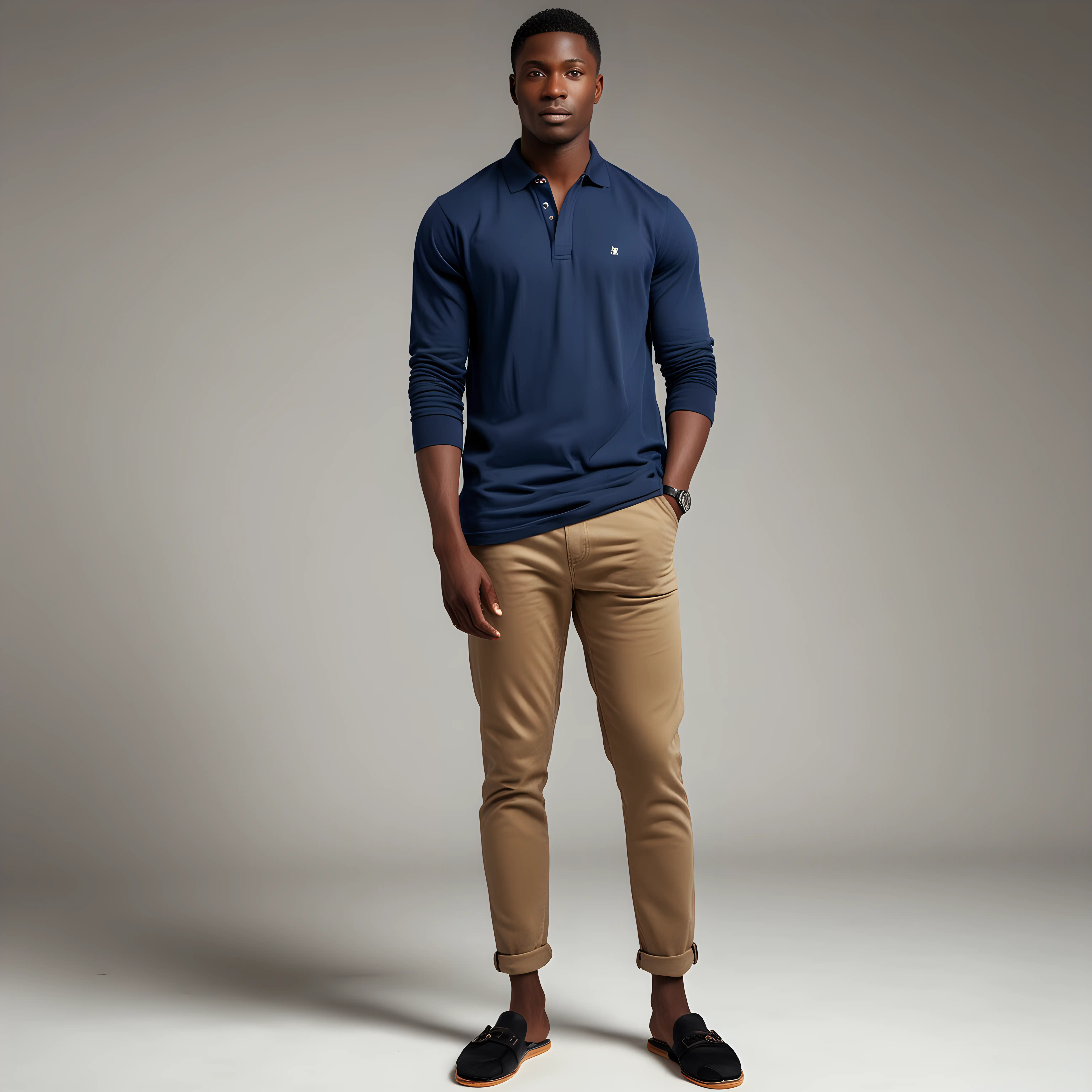 "A photorealistic portrait of a 28-year-old Nigerian male, his posture tall and slim, with a low-cut hairstyle and striking black eyes that command attention. He is outfitted in a casual ensemble consisting of a polo shirt and jean trousers, complemented by slide slippers, embodying a modern, effortless style. Clutching notepads in one hand, he looks straight at the camera, his expression a mixture of earnestness and ease. The photograph aims for ultra-high resolution (8k HDR), prioritizing a rich palette of colors and textures to bring out the intricate details of his casual attire and the distinctiveness of his physical features, under a lighting that highlights his natural skin tones."