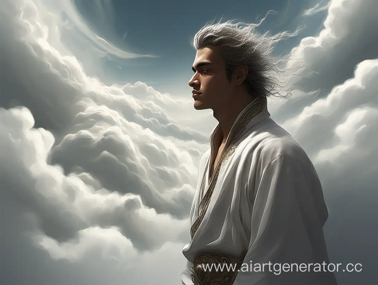 Guy in white wind air clouds fantasy high detail clouds