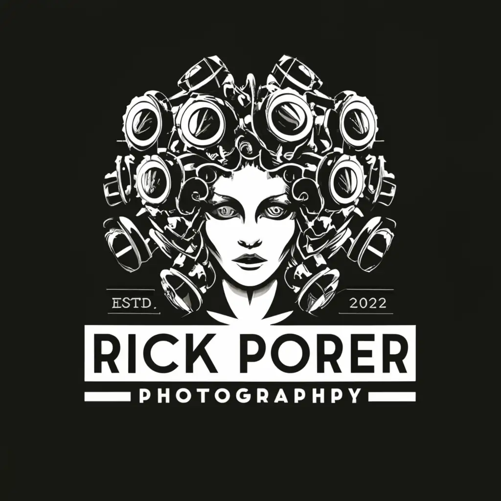a logo design,with the text "Rick Porier Photography", main symbol:Stylized Medusa head, complex, clear background, retro poster look, black and white,Moderate,clear background