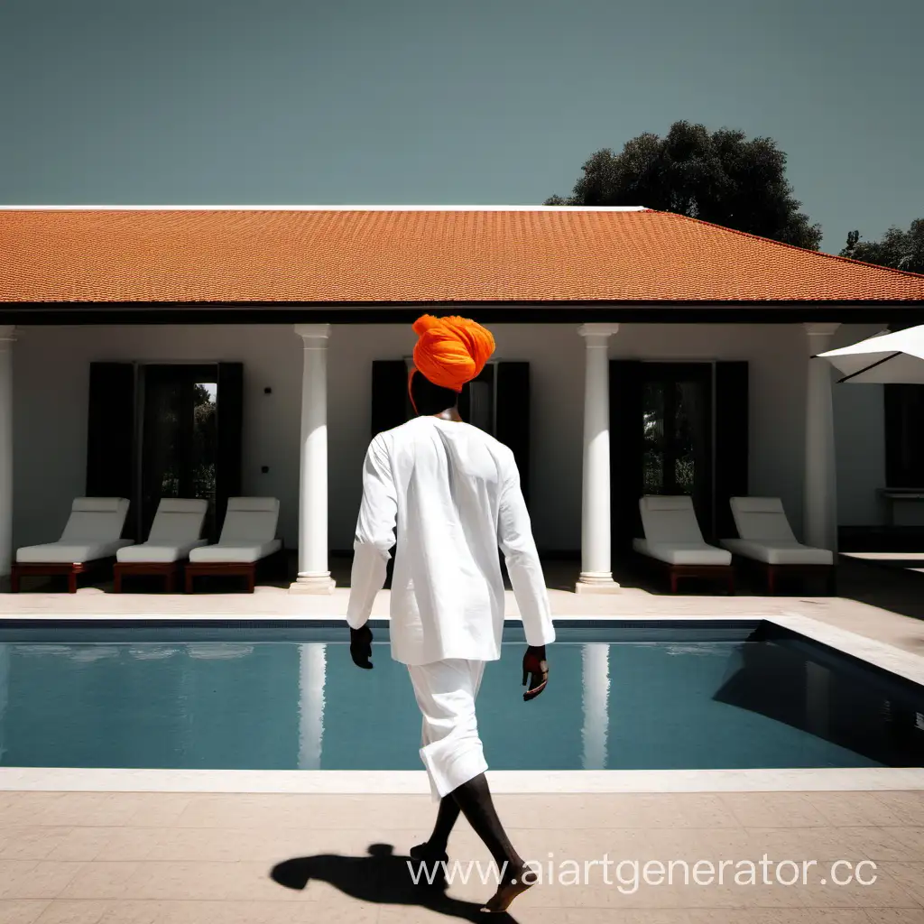 африканец идёт мимо бассейна возле виллы в белой одежде на голове оранжевый тюрбан