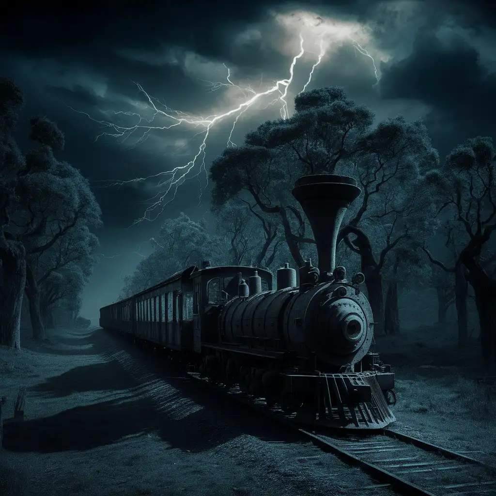 Przez Stary las z wielkimi drzewami jedzie stary pociąg, noc, burza z błyskawicami, atmosfera horroru
