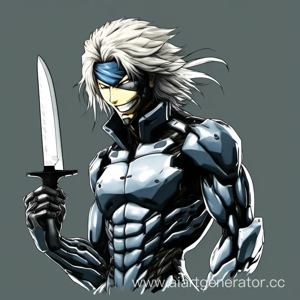 metal gear rising, Raiden, sharpens a knife, smile face, meme face, without background, art style 2d