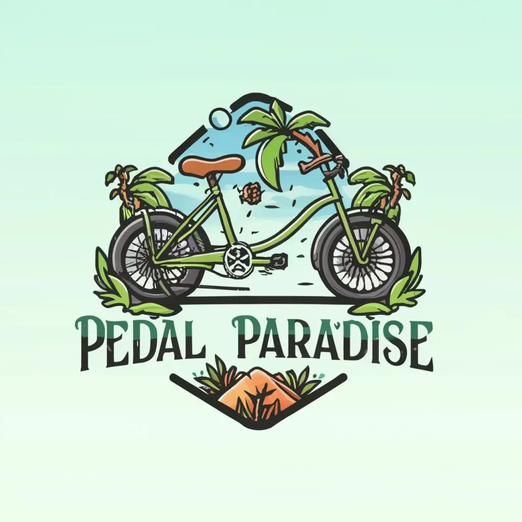 a logo design,with the text "Pedal Paradise", main symbol:Bike and a paradise behind it,Moderate,clear background