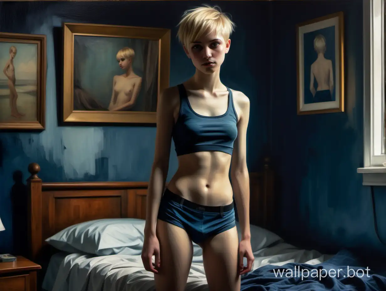 A pretty, petite, flat-chested, slender, tomboyish lesbian with blonde hair cut very short, with a boyish fringe. Sporty underwear that shows her toned, bare midriff. The aesthetic and textures of a vintage fine art oil painting. Ultra-feminine, untidy college bedroom. Full body-length portrait. Dark, muted blues. Dim blue lamps.