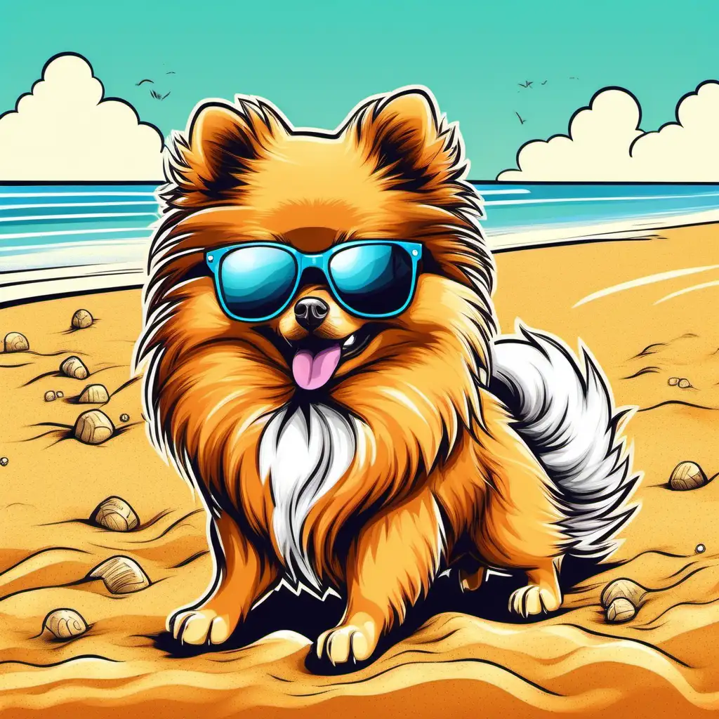 Cartoon Pomeranian in sunglasses on the beach, sand, 7 colors in image, design for a t-shirt