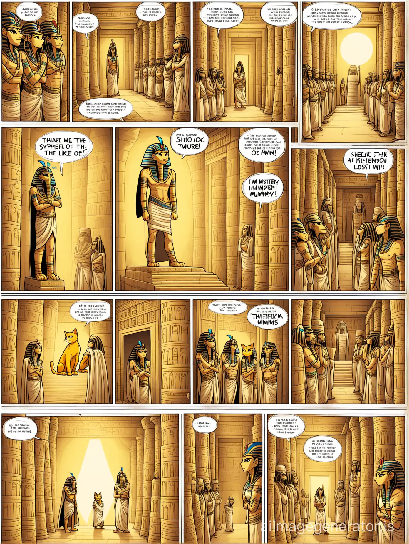 This comic is poorly colored. A yellow cat, like a person in a cloak with Sherlock Holmes' hat in an Egyptian temple. Around are Egyptian gods and mummies. The mystery of the lost mummy.