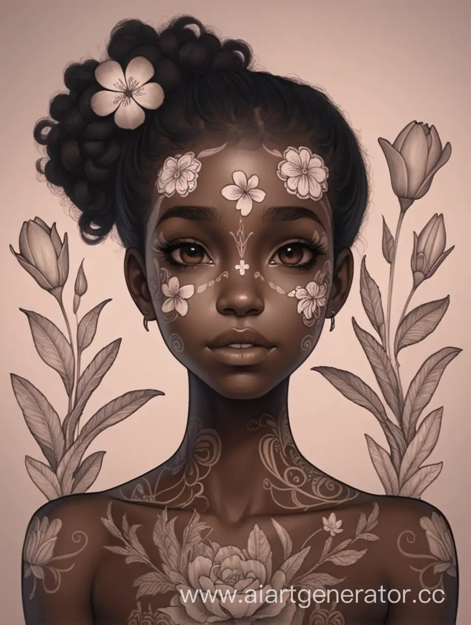 Cute dark-skinned girl with flower tattoos on her face 
