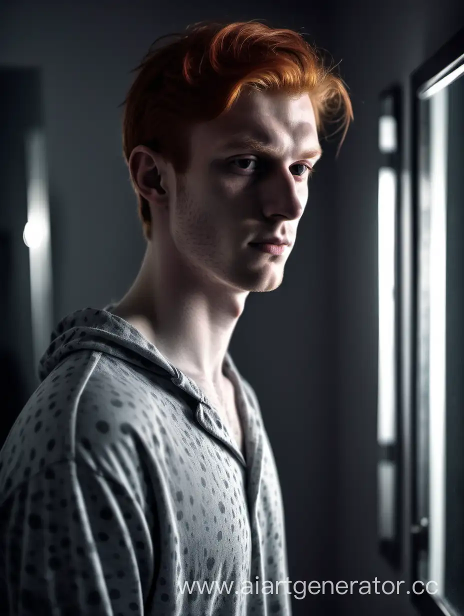 Lonely-RedHaired-Young-Man-in-Gray-Pajamas-Contemplating-in-Dark-Room