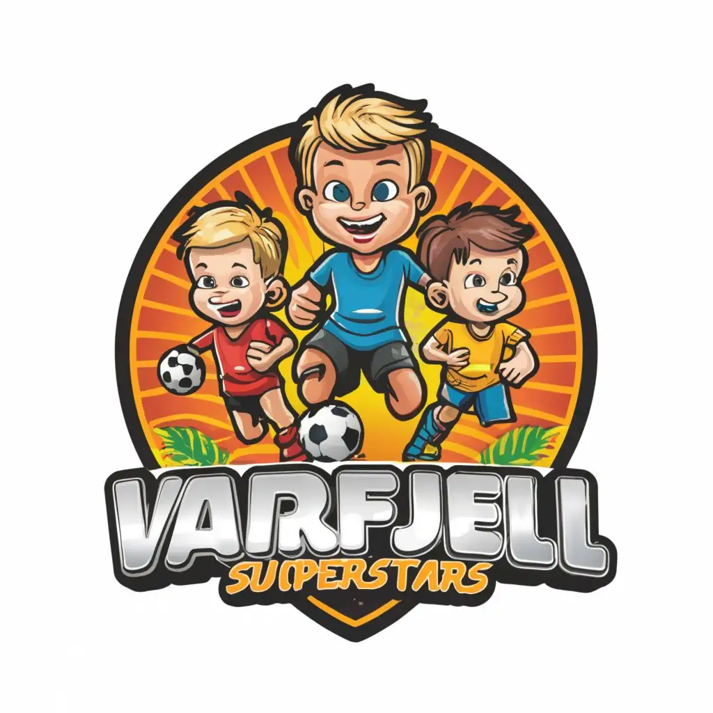 logo, Cartoon kids soccer players, with the text "Varfjell Superstars", typography