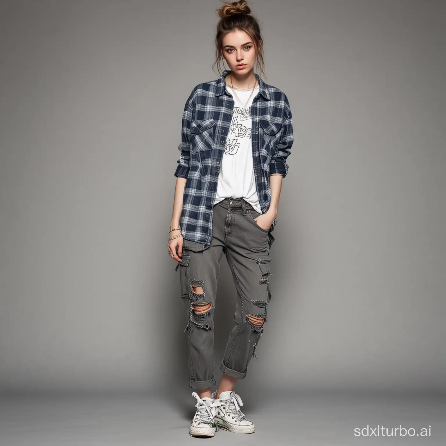 Portrait of a girl, styled by Pajaritito490. Line and ink color painting, 1girl, solo, grunge clothing, pressed jeans, oversized torn flannel shirt layered over a graphic ribboned t-shirt, cargo pants, worn-out sneakers paired with neon accented accessories, gray eyes, pale skin, looking towards the viewer,