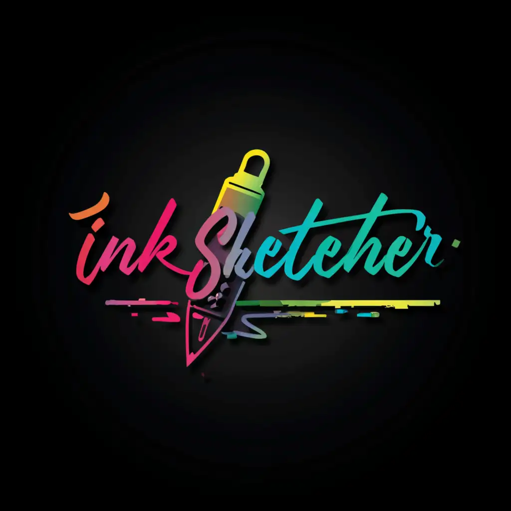 a logo design,with the text "ink sketcher", main symbol:ink pen, colorful, black background, check spelling, no slogan, no est. date,,Minimalistic,be used in Entertainment industry,clear background